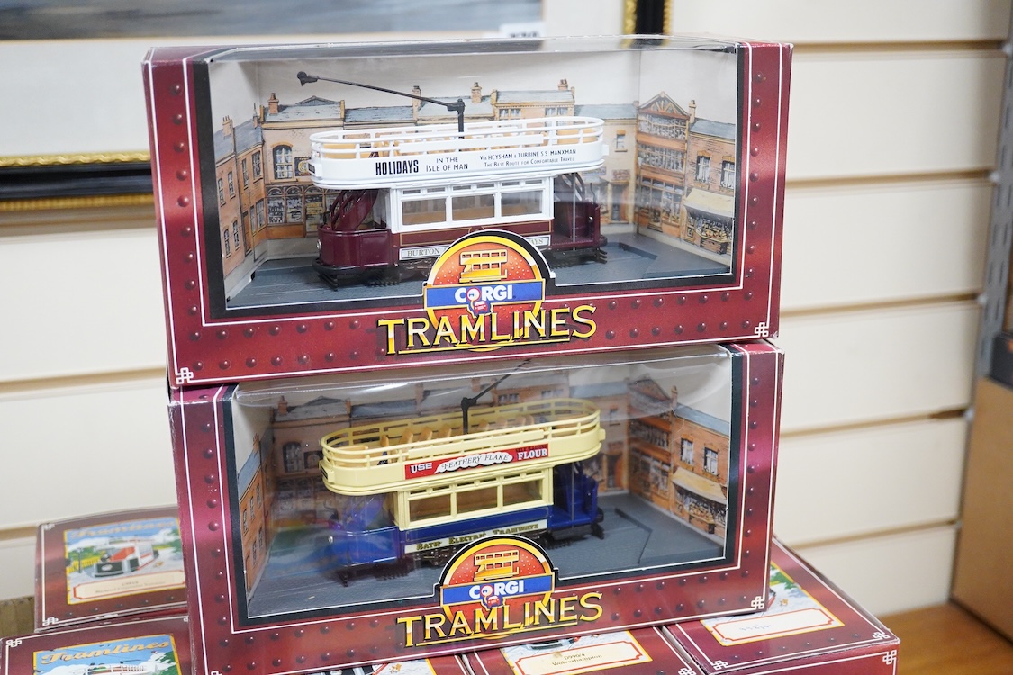 Twenty-four boxed Corgi Tramlines diecast trams, operators include; Portsmouth Corporation, Bath Corporation, London City Council tramways, Southampton Corporation tramways, London tramways, Maidstone tramways, Glasgow C